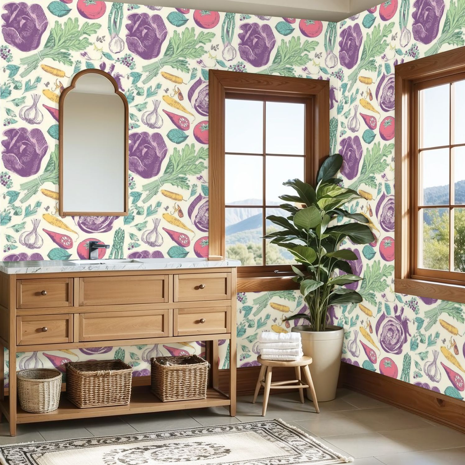 Modern Peel and Stick Wallpaper 23.6in x 9.8ft Botanical Colorful Vegetables Fresh Herbs Contact Paper Self-Adhesive Removable Wall Paper for Bedroom Kitchen Cabinet Renter Friendly