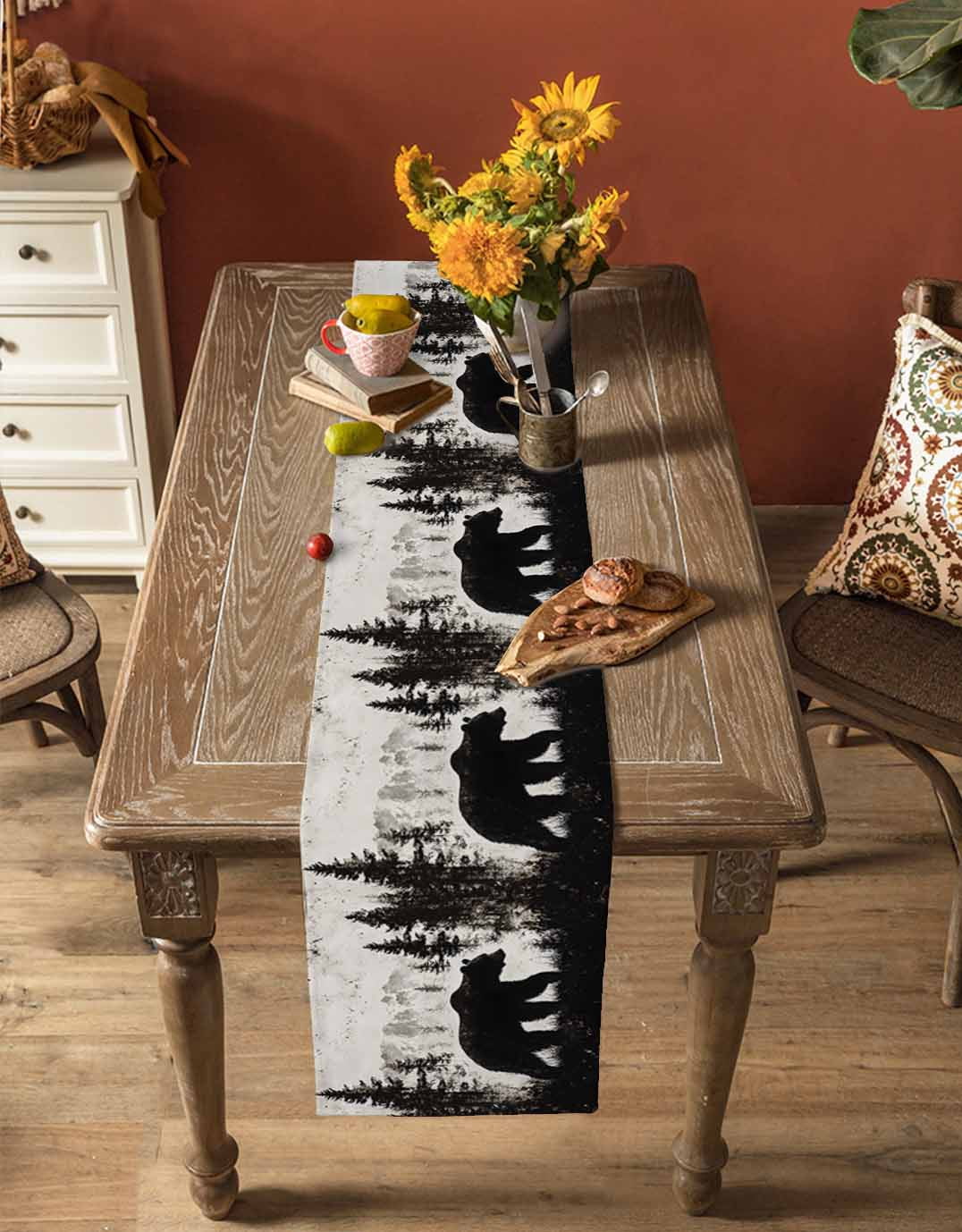 Rustic Bear Table Runner 48 Inches, Vintage Country Wildlife Forest Mountains Bed Runner Dresser Scarves Tabletop for Indoor Outdoor Parties/Ceremony/Banquet, 13" x 48"