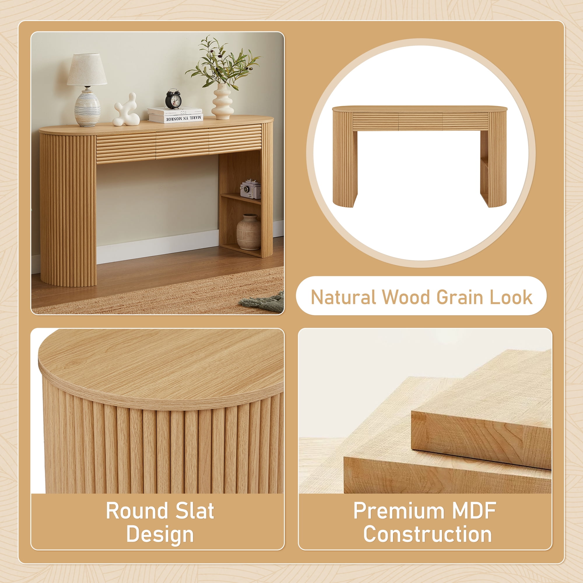 Euroco 59.8" Long Console Table with 3 Drawers,Fluted Entryway Table with Open Storage Shelf, Modern Sofa Table Behind The Couch for Entryway, Hallway, Living Room,Natural