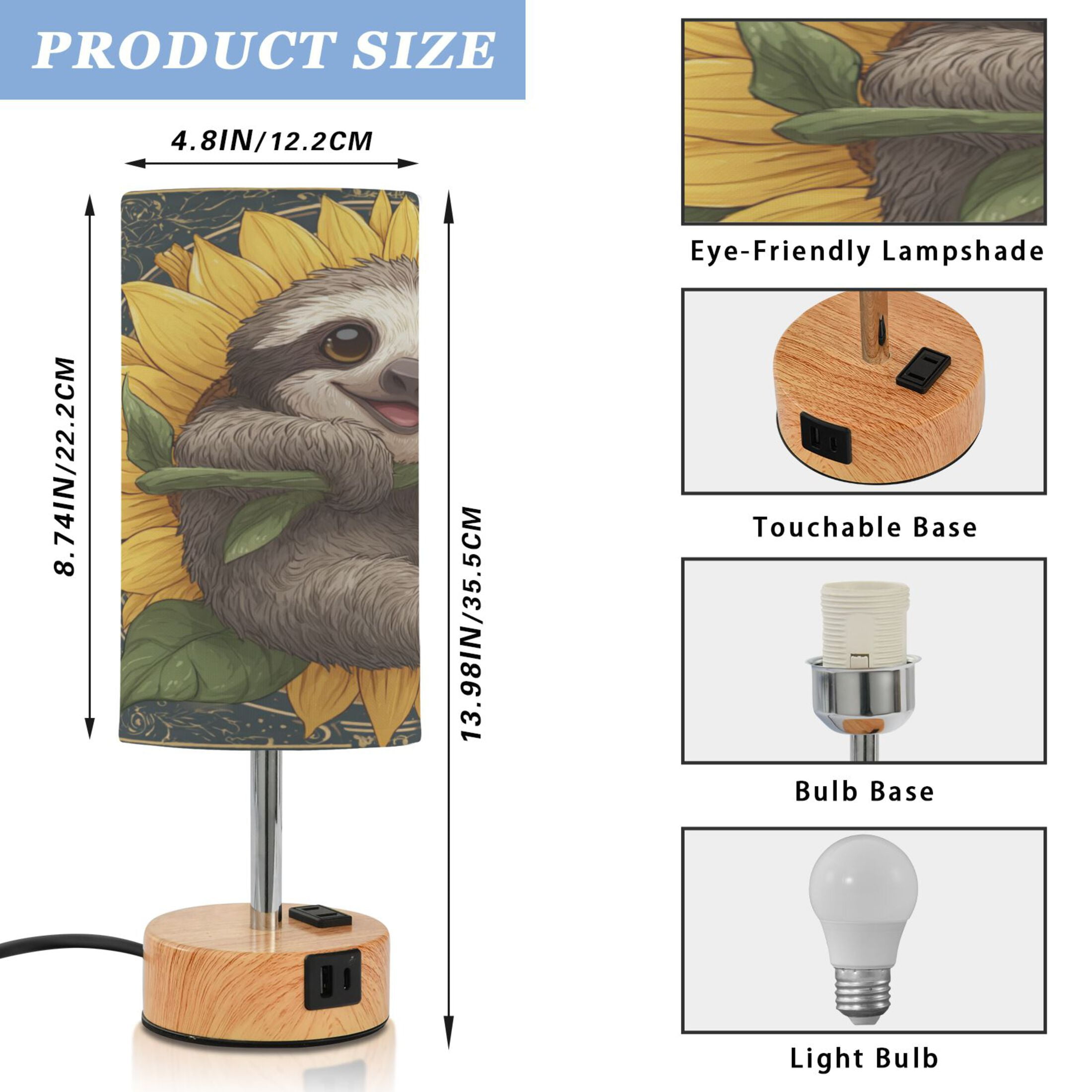 Touch-Control 3-Color Desk Lamp with Plug – Energy-Saving LED + 3 Simultaneous Charging Ports Smiling Happy Baby Sloth
