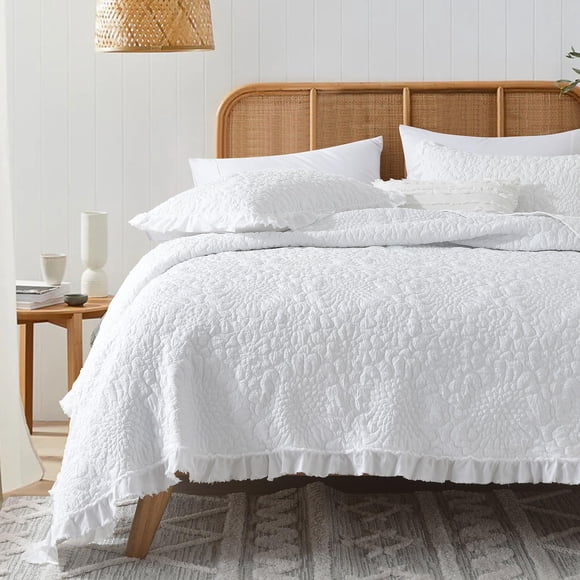 HORIMOTE HOME Courtepointe Blanche à Volants Format Grand Lit, Microfibre Lavée à la Pierre Légère Froissée Style Ferme Rustique Shabby Chic Literie S