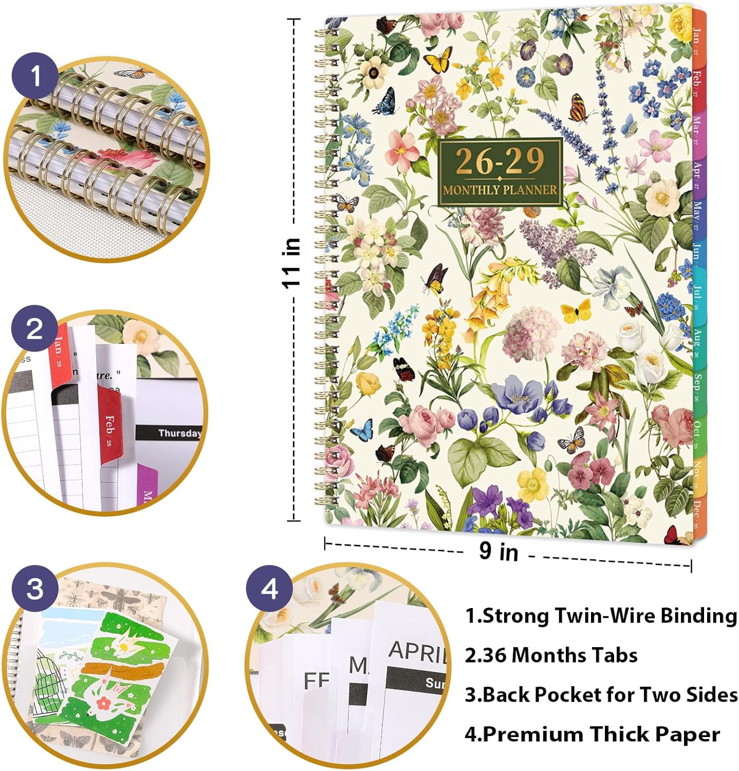 Monthly Planner 2026 To 2029, 3 Year Calendar Planner, July 2026 To June 2029, 8.5 x 11 Inch Large Format, Monthly Layout, Tabs and Pocket