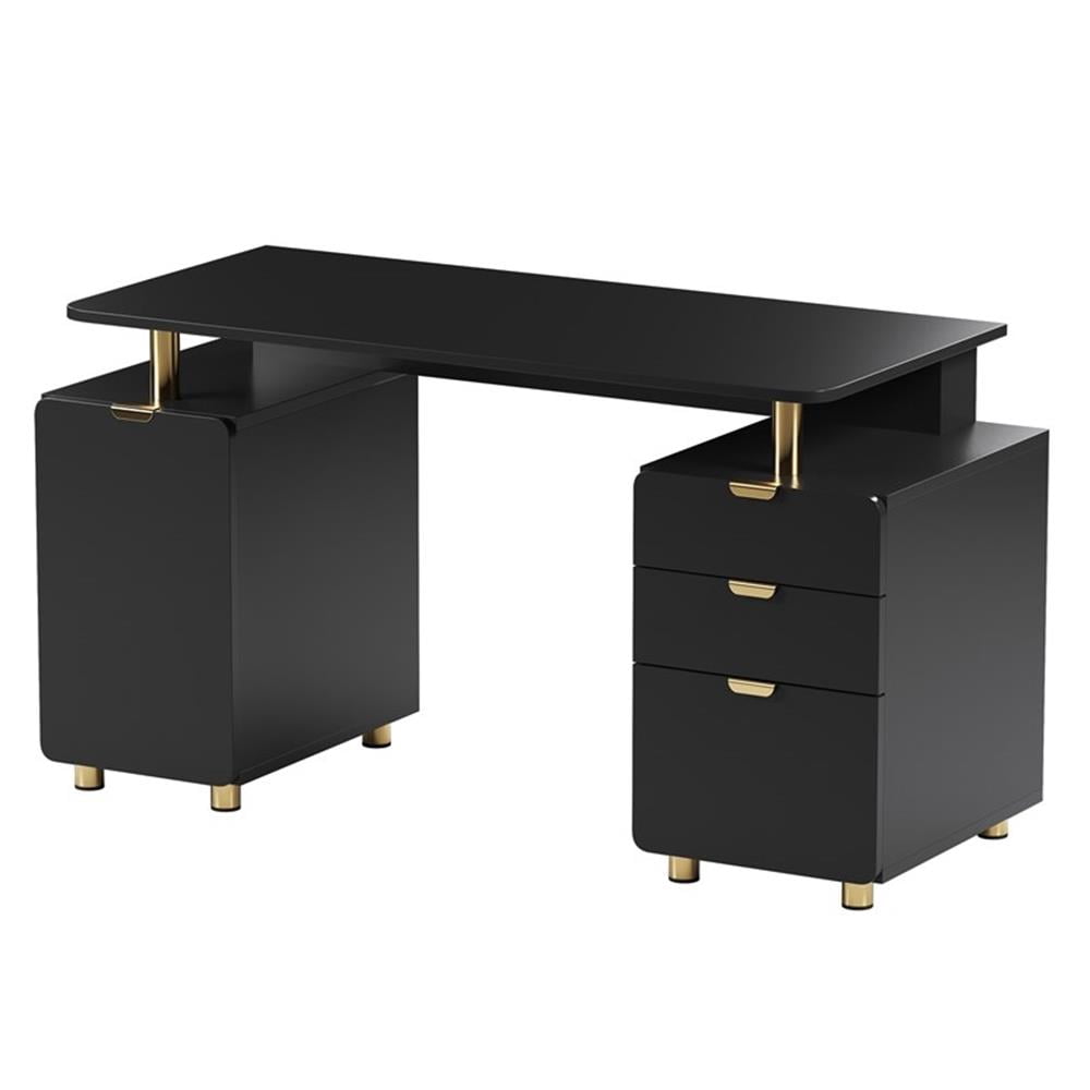 Pemberly Row Executive Desk with 3 Drawers and Cabinet - Black and Gold