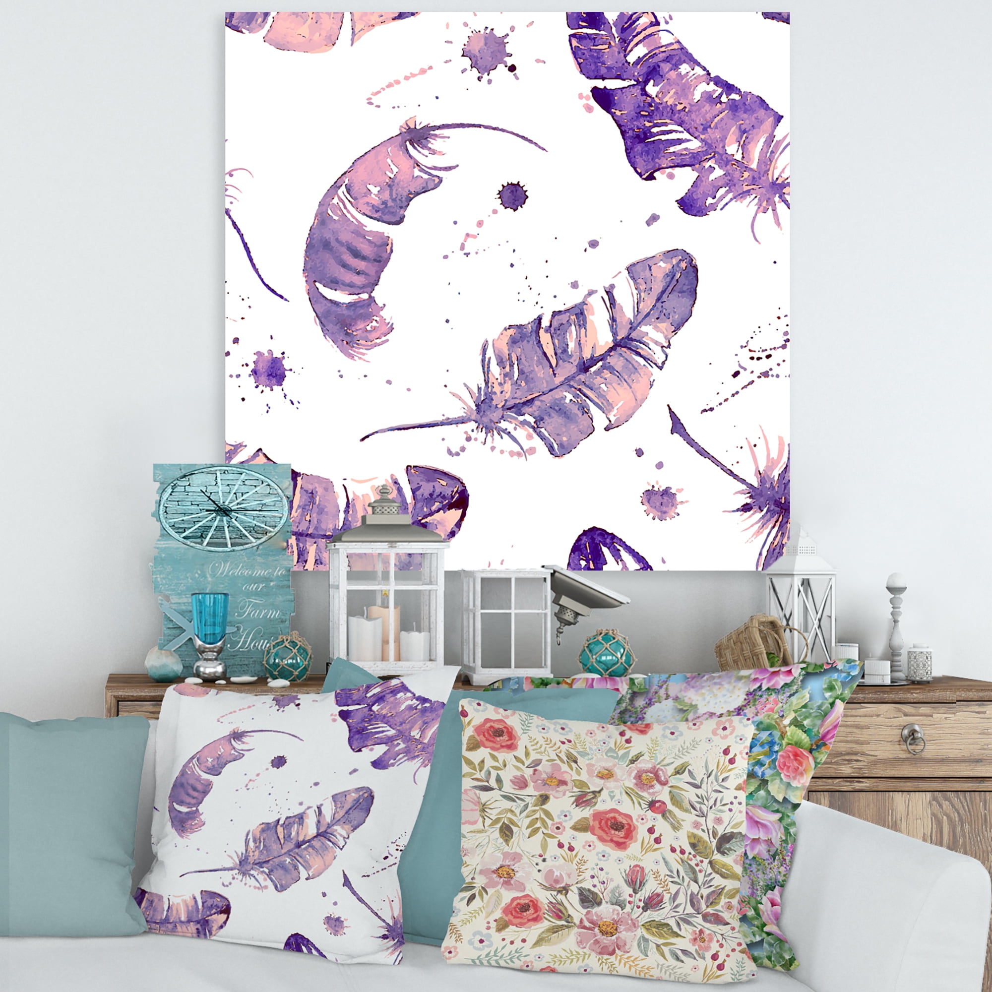 Designart ' Ethnic Purple Feathers Composition ' Bohemian & Eclectic Canvas Wall Art Print