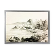 Designart 'Black and White Lake Shore' Nautical & Coastal Framed Art Print