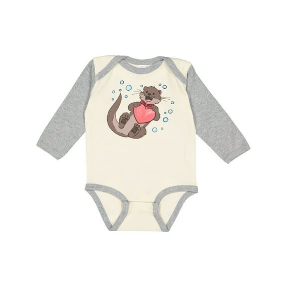 Inktastic Cute Smiling Valentine's Day Otter with Heart Boys or Girls Long Sleeve Baby Bodysuit