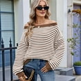 thumbnail image 3 of Womens Off the Shoulder 2025 Fall Winter Long Sleeve Striped Sweater Oversized Knitted Pullover Tops Coffee Color L, 3 of 6