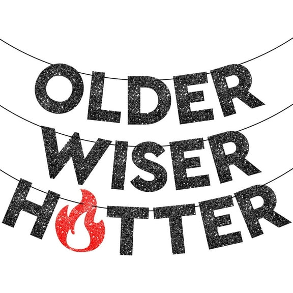 Older Wiser Hotter Glitter Black Banner - 10 Feet, Reusable, Adult Birthday Decorations