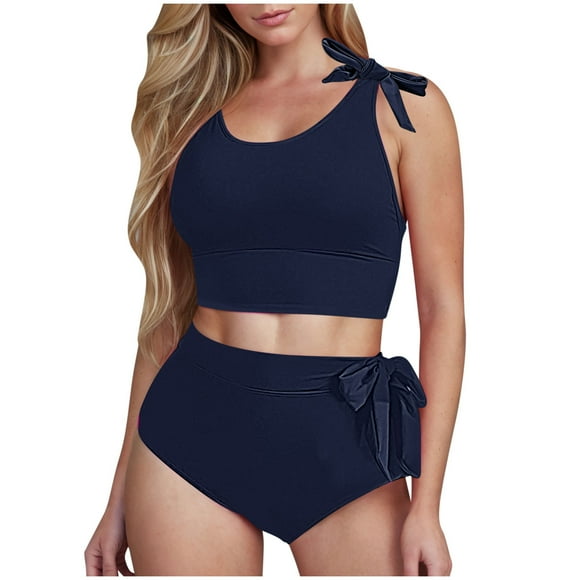 Women Swimsuits 2 Piece with Short Bottoms High Wasited Bikini Sets Two Piece Tankini Swimsuits with Shorts Push Up High Neck Drawstring Adjustable Swimwear Solid Color 2025 Plus Size Swimwear XL