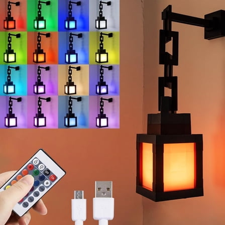 Pixelated Lantern Night Light, 2026 Gift LED 16 Colors Change Hanging Lantern Lamp from Minecraft - Rechargeable Wall Tabletop Night Lights for Gamer Boys Girls Man Bedroom Game Room Wall Decor（XX）