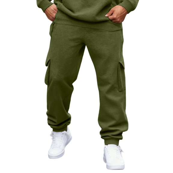 IAJDKMEK Men's Fleece Lined Cargo Pants Jogger - Drawstring Elastic Waist Tapered Cuffed Four Pockets Solid Color Sweatpants for Men Workout,Army Green L