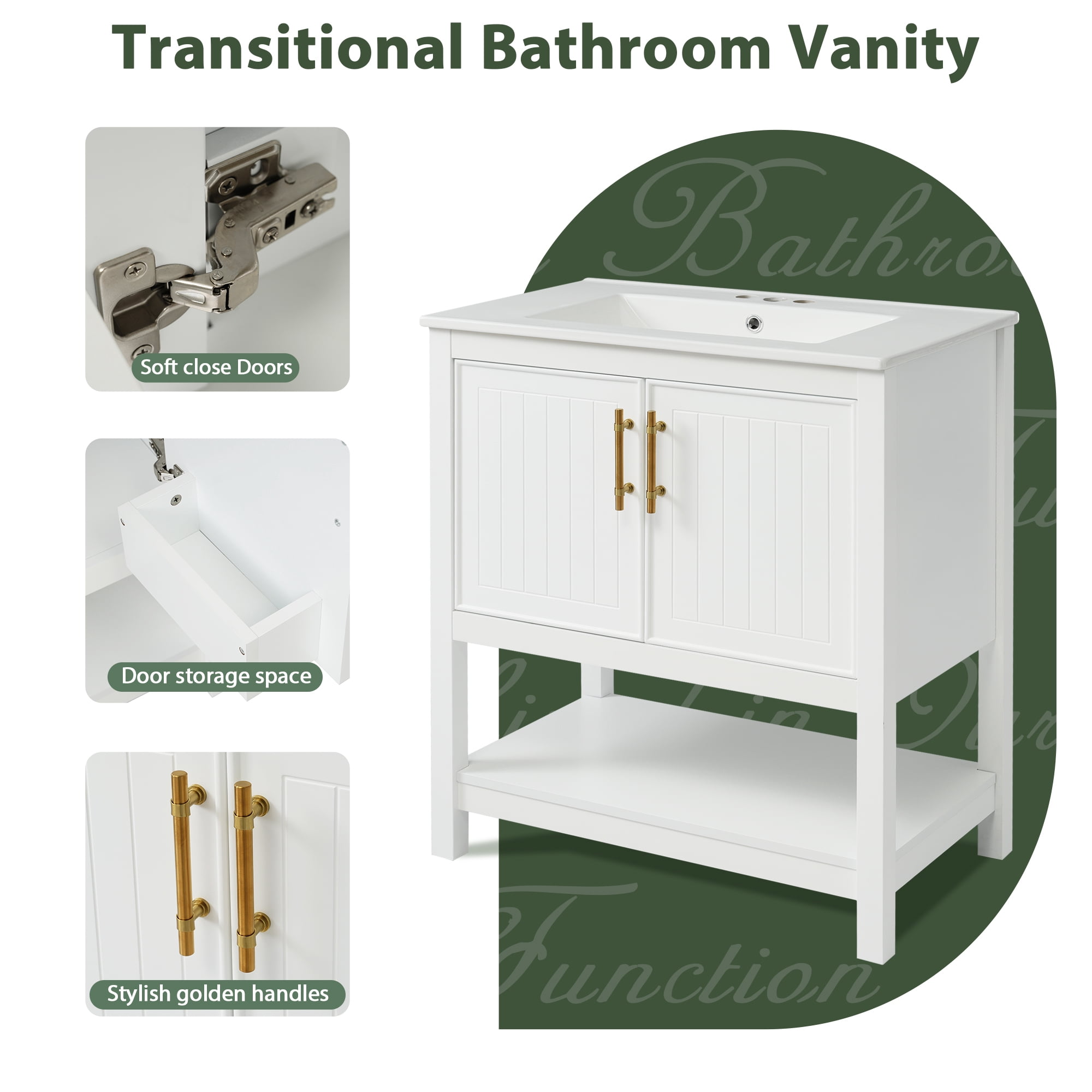 MODERNLUXE 30" Bathroom Vanity with Ceramic Sink, Freestanding Bathroom Sink Cabinet with Bottom Shelf and Versatile Storage,Ideal for Small Bathrooms,White