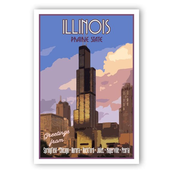 ILLINOIS TRAVEL POSTER postcard set of 20 identical postcards. IL state vintage style travel poster post cards. Made in USA.