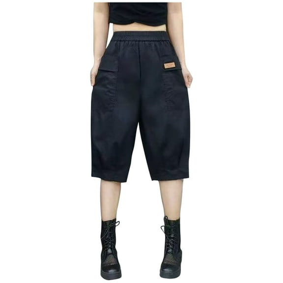 Wyobmus Women Cargo Capri Pants Loose Fit Casual Knee Length Hiking Pants Lightweight Elastic High Waist Cropped Pants Size 2X-5X Black