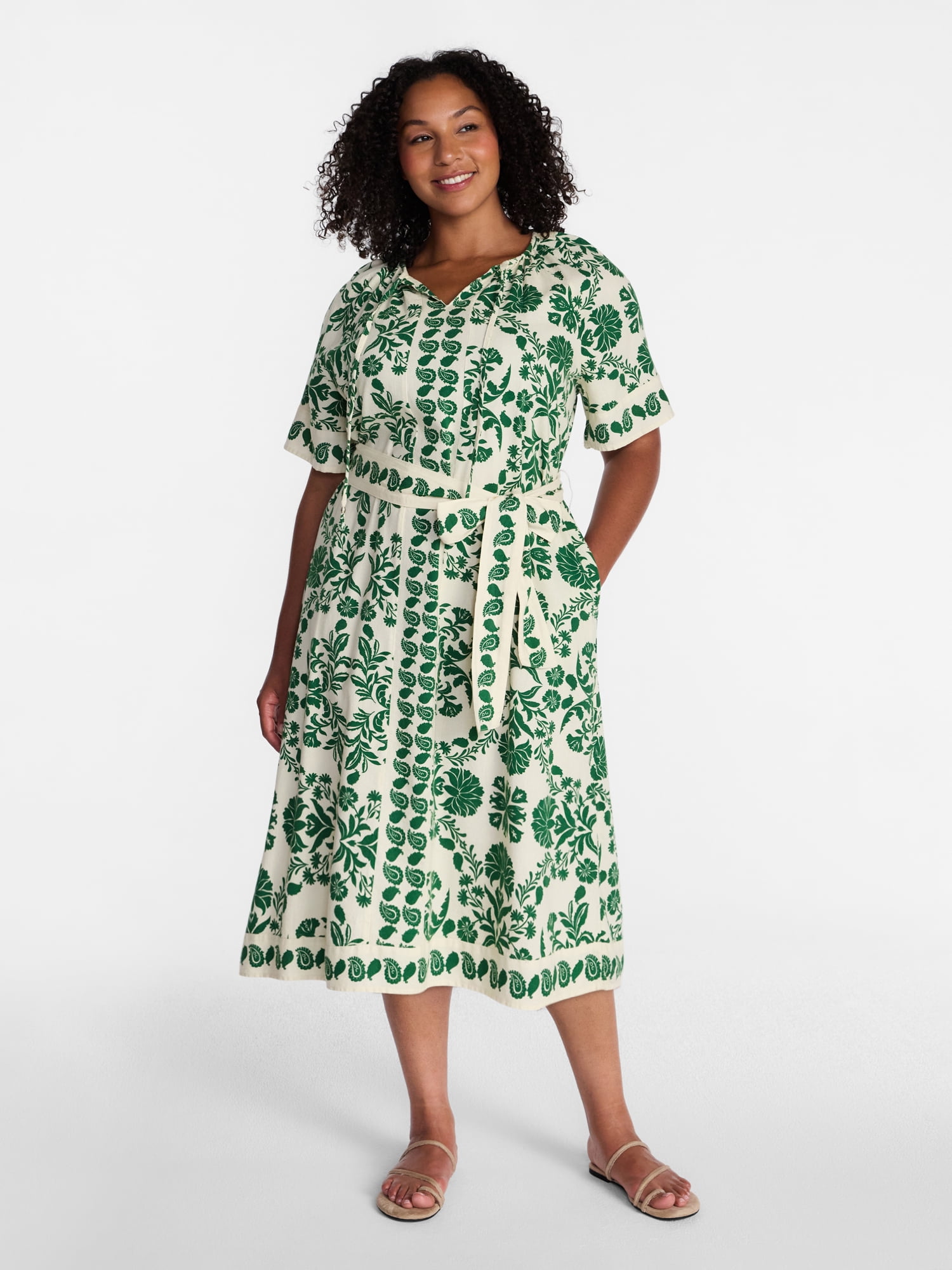 Time and Tru Women's Border Print Linen Blend Midi Dress, Sizes XS-XXXL - Walmart.com Time and Tru Women's Border Print Linen Blend Midi Dress, Sizes XS-XXXL - Walmart.com