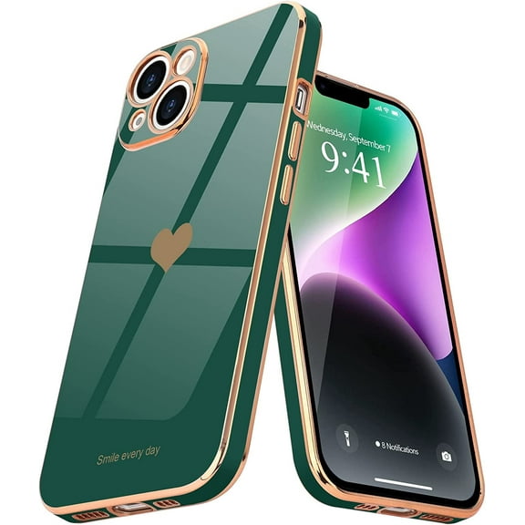 iPhone 14 Plus Case for Women Girl Cute Love Heart Luxury Plating Soft Bling Back Cover Raised Full Camera Protection Bumper Silicone Shockproof Phone Case for iPhone 14 Plus,Blackish Green