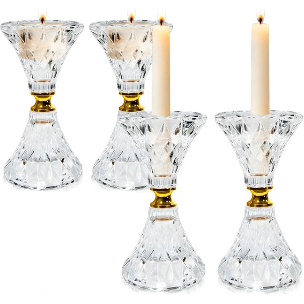 Portavelas de Cristal Set de 4 para Velas de Pilar | Decoración Elegante para Bodas, Mesas, Fiestas y Ventanas