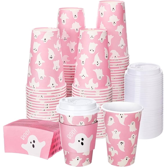 AUR 100 Sets 12oz Disposable Coffee Cups with Lids and Sleeves Pink White Ghost Boo Paper Cups for Hot Cold Drinks Party Supplies