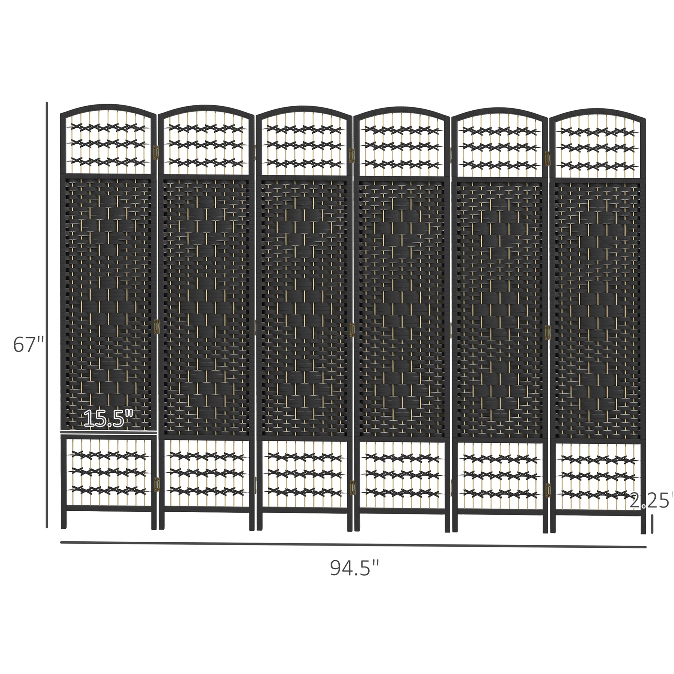 JERFIT 6-Panel Folding Privacy Screen Room Divider, Freestanding Partition Wall with Hand-Woven Wave Design for Home Office, Bedroom, Living Space in Black