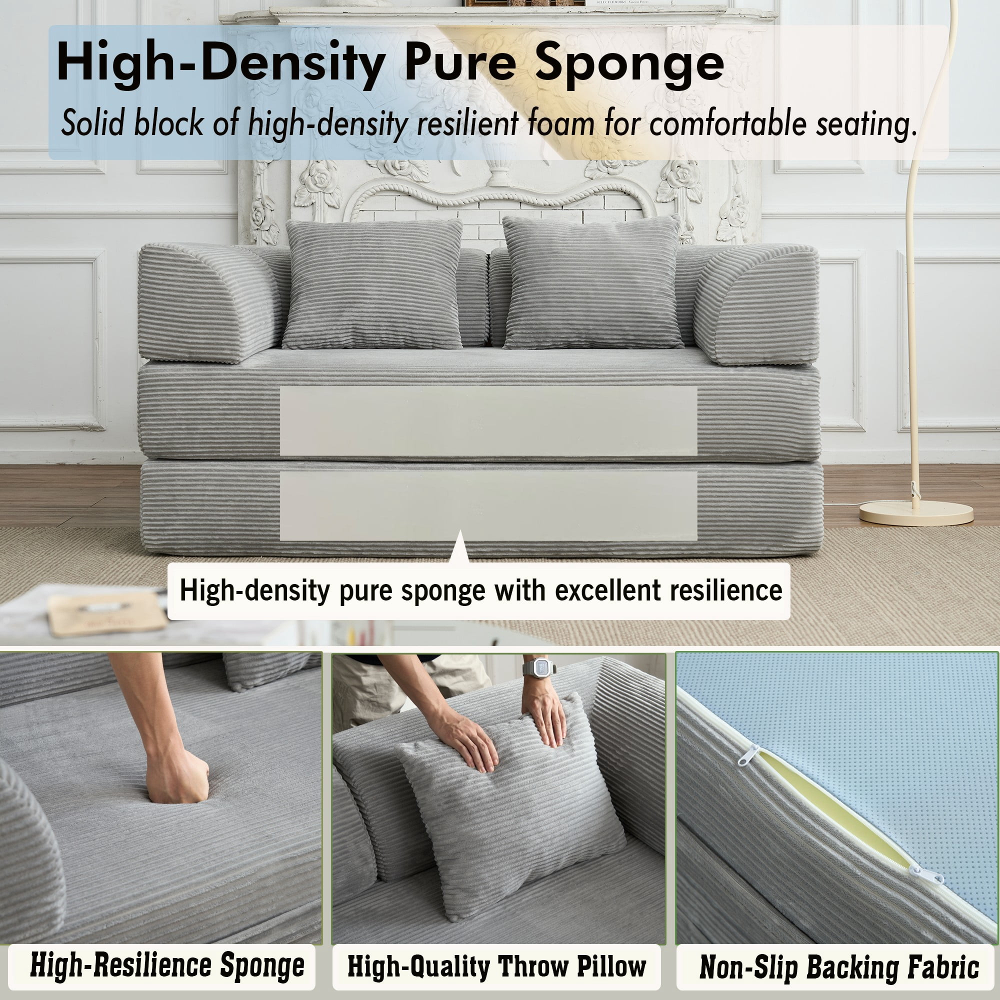 BSHTI 59" Corduroy Convertible Sleeper Sofa Bed with Cylindrical Pillow, No Assembly, Small Space for Living Room（Light Gray）