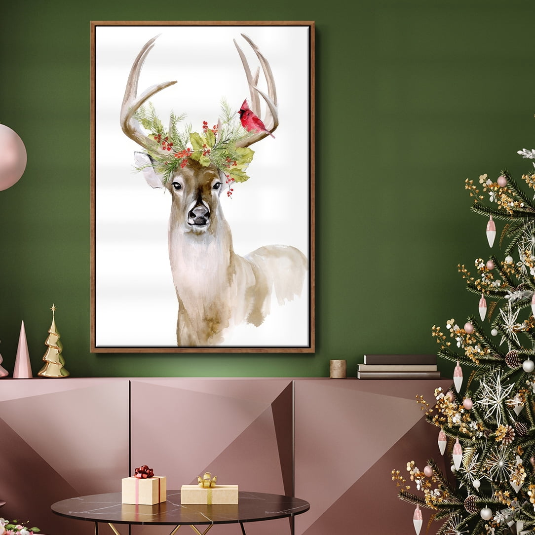 Holiday Deer I - Framed Gallery Wrapped Holiday Canvas - 25 x 37 - Rosewood Frame