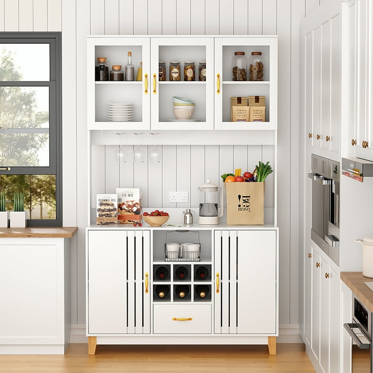 RichYa Tall Kitchen Pantry Cabinet, Kitchen Hutch with Wine Rack