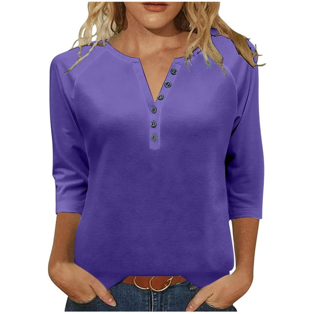 Lmnyox Hauts Décontractés à Manches 3/4 pour Femmes, Mode Unie, Col Rond, Chemises à Boutons, Blouses Habillées pour le Travail