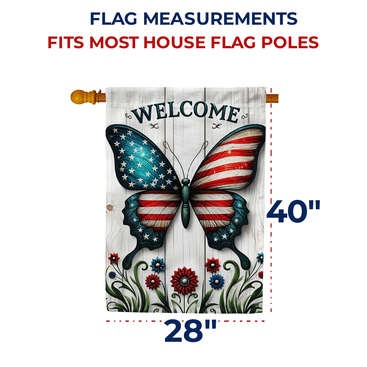 America Forever Patriotic Butterfly House Flag, 28x40 inch Double Sided, American 4th Of July Yard Flags for Outside Independence Day Fourth of July Decorations Outdoor Welcome Flag