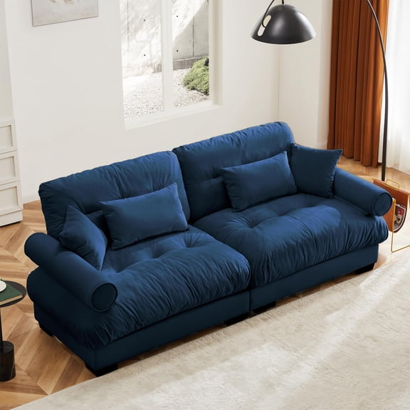 Large Size Modern Blue Velvet Two-seater Sofa with Bolstered Armrests and Decorative Pillows for Living Room, Loft, Office, Hallway, and Bedroom