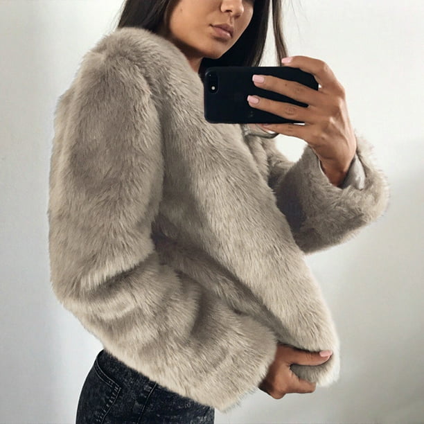 Faux Fur Jacket Women Fluffy Collarless Solid Color Coat Long Sleeve Outwear Khaki XL