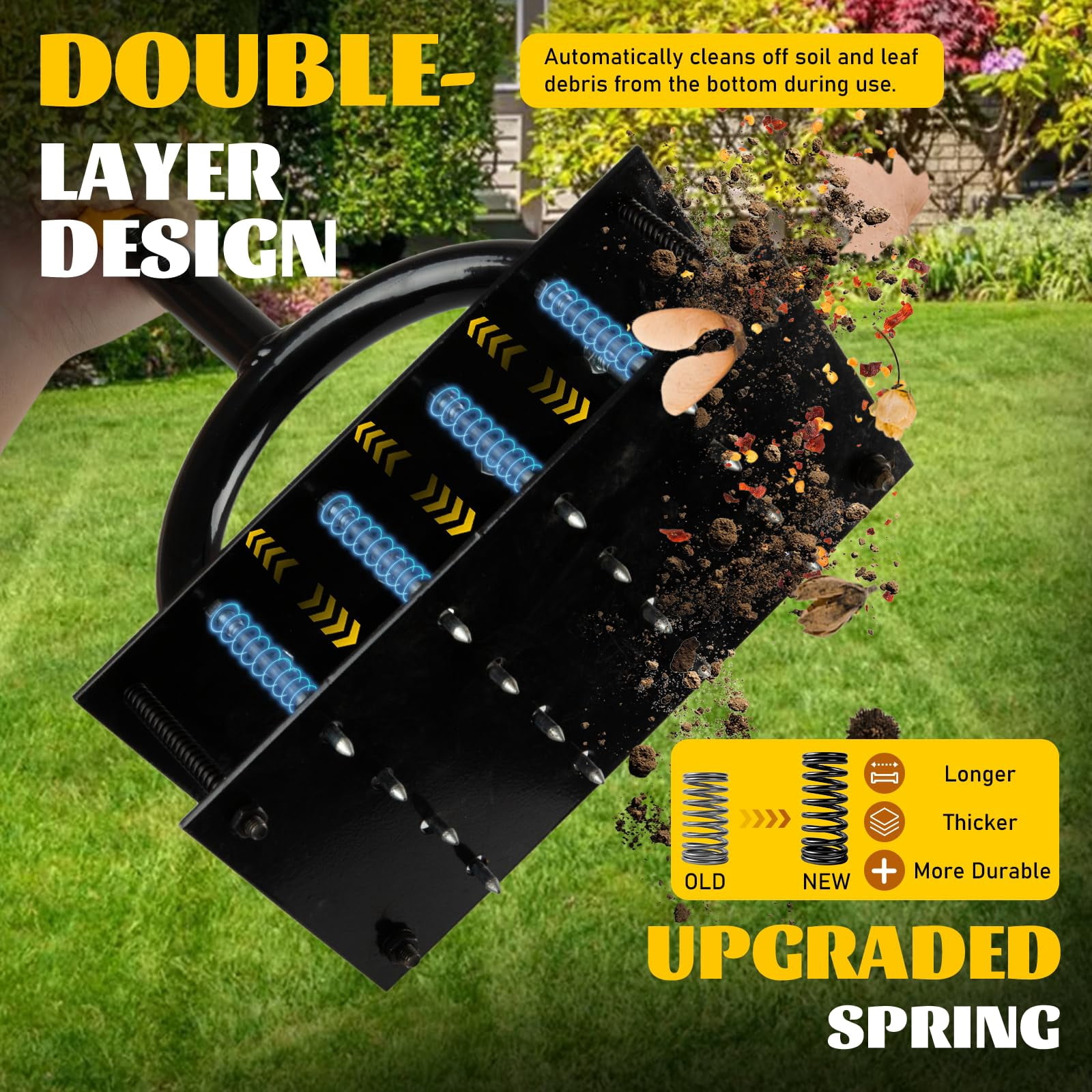 Lawn Aerator Tool With 16 Steel Spikes  Grass Tools Spring-loaded Design & Adjustable T-handle Pre-assembled Hand For Courtyard And Garden