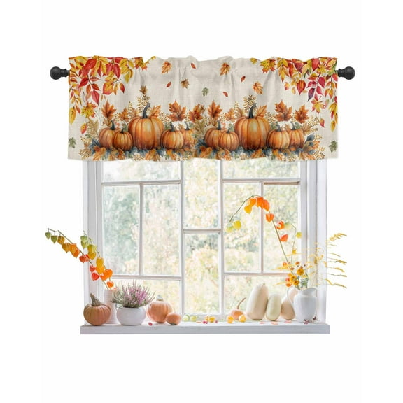 Valances for Windows, Orange Pumpkin Maple Leaf Autumn Thanksgiving Linen Rod Pocket Short Window Valance Curtains Holiday Window Treatment for Kitchen Living Room Bathroom, 42"x18"