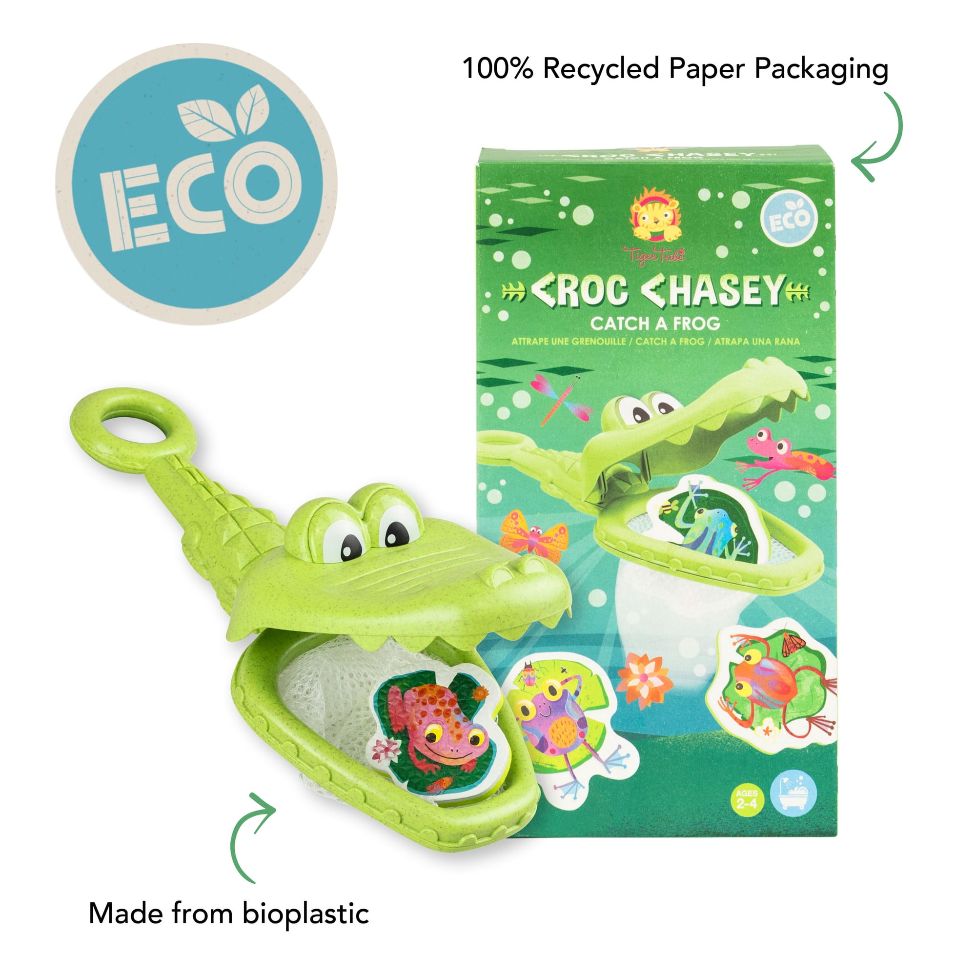 Tiger Tribe Croc Chasey ECO Bio-Plastic Fun Bath Toy for Toddlers - Catch & Scoop Frogs with Snappy Crocodile Mouth - Ages 2+