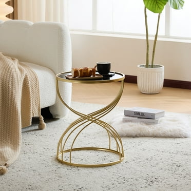 GDF Studio Modern Side/ End Table, Golden Metal Frame, Black MIirror Top, Nightstand for Living Room Bedroom