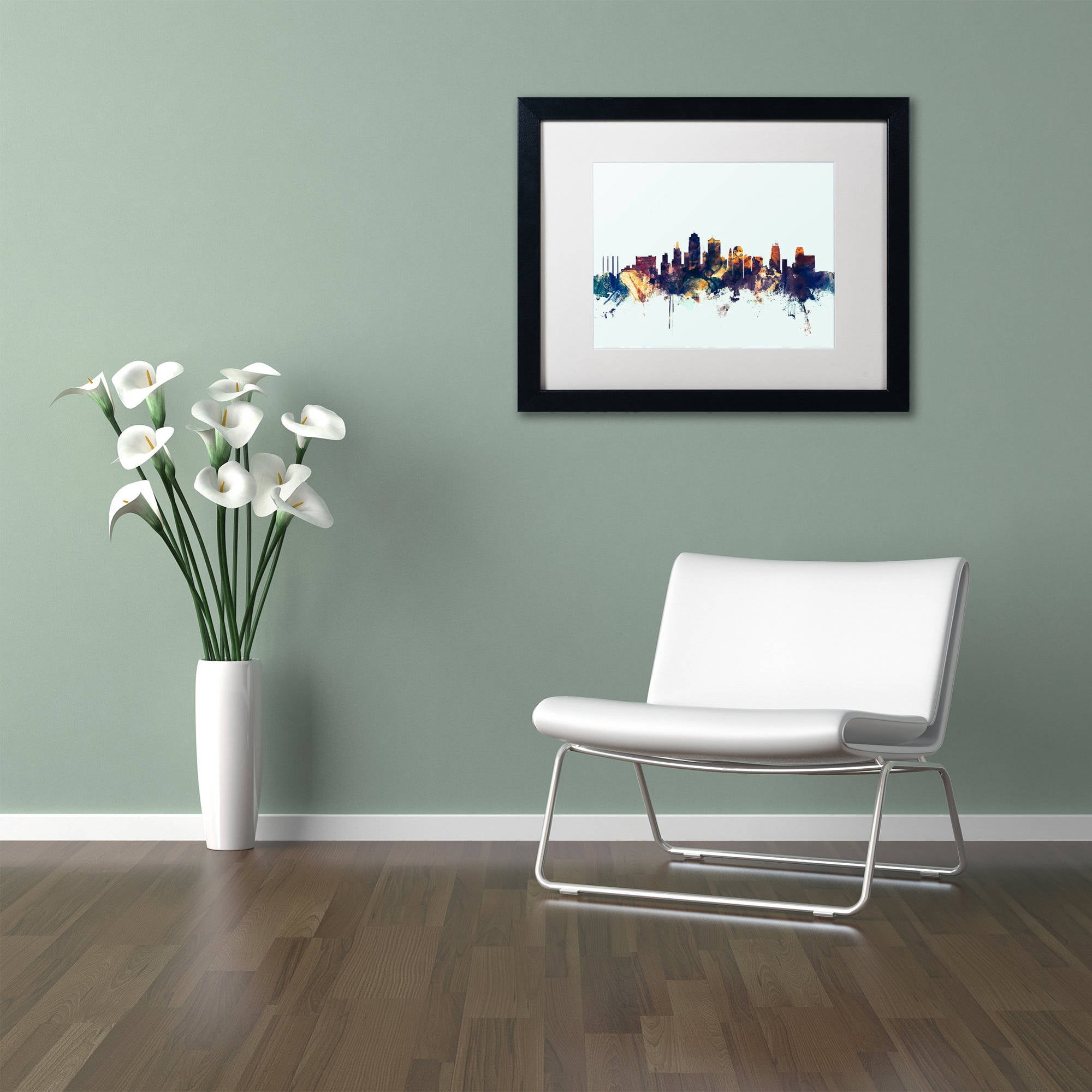 Trademark Fine Art "Kansas City Skyline Blue" Canvas Art by Michael Tompsett, White Matte, Black Frame