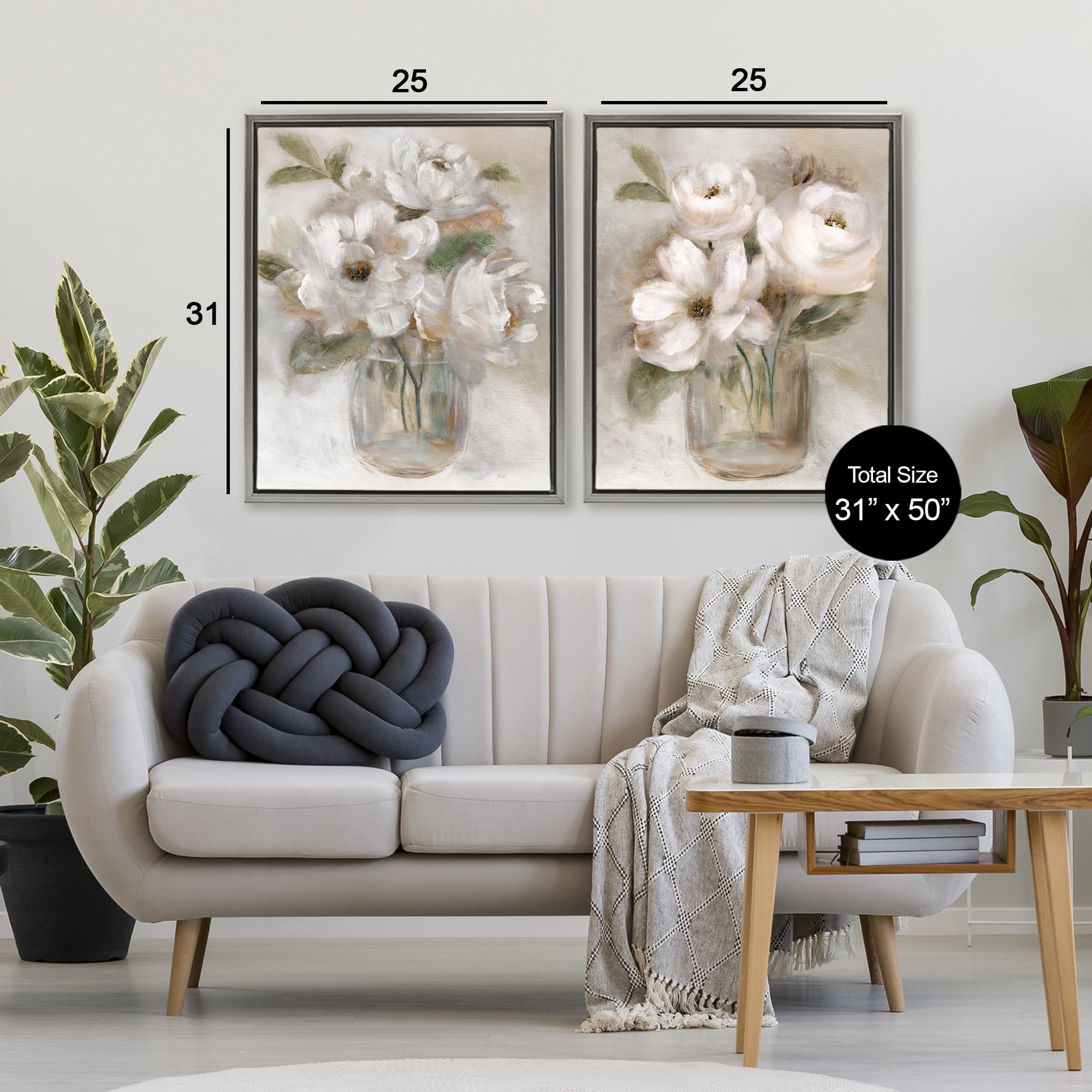 Stupell Industries Brushed White & Beige Roses 2 Piece Gray Framed Floater Canvas Set, design by Nan
