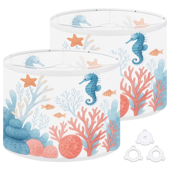 Lamp Shades Set of 2 Easy Assembly Watercolor nautical border Hand painted underwater repeating Drum Lampshades for Table Lamps Floor Lamps Pendant Light 13"x13"x10" Replacement Lamp Shade