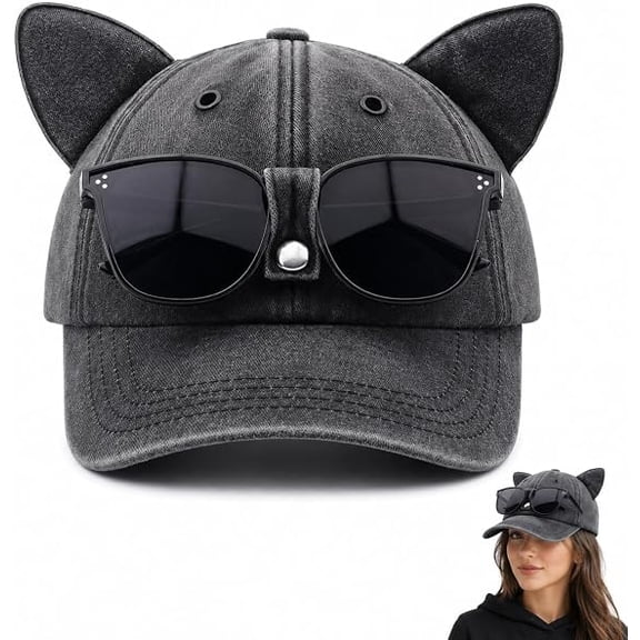 Y2K Cat Ear Trucker Hat with Detachable Glasses Vintage Baseball Cap | Adjustable Novelty Accessory