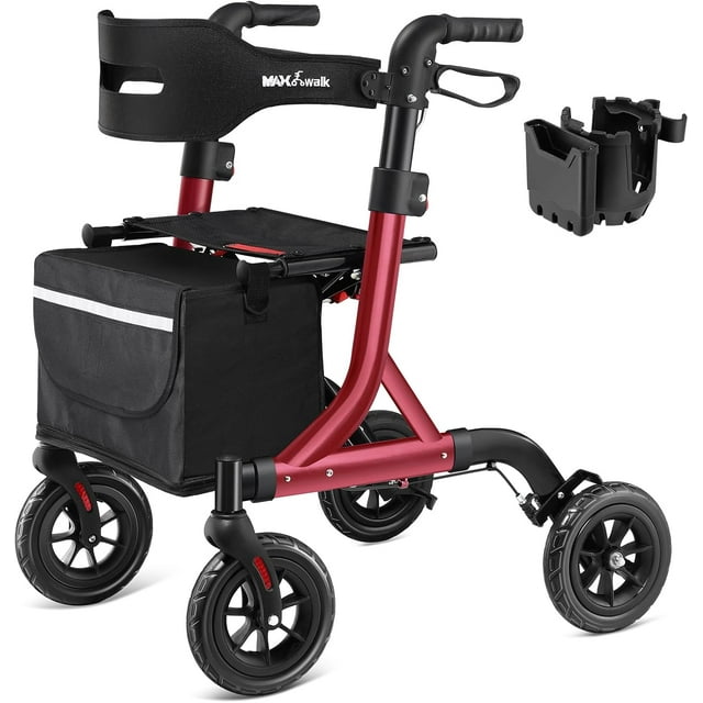 Déambulateurs pour Aînés, Déambulateur à Roulettes avec Siège, Déambulateur Tout-Terrain avec Roues en Caoutchouc de 8 Pouces, Dossier, Déambulateurs en Aluminium avec Câble Intégré, Pliable et Hauteur Ajustable pour Aînés, Rouge