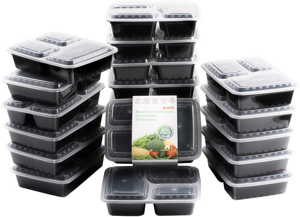 20 Pack Square-20Pcs Meal Prep Containers with lids Three Compartment Lunch Box BPA-Free Reusable Microwavable Dishwasher Freezer Safe 