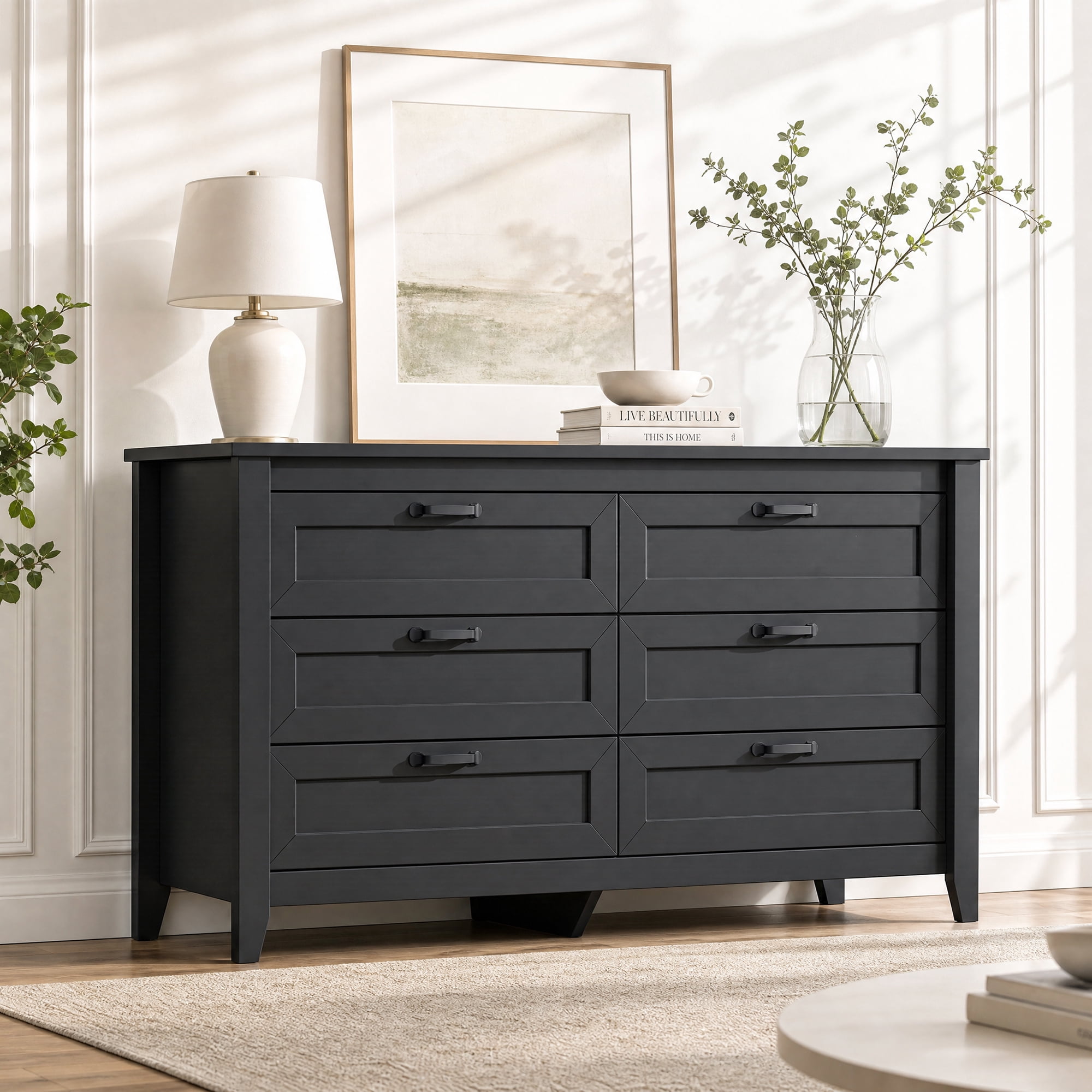 GALAXHERO 6-Drawer Double Wood Dresser - Farmhouse Chest of Drawers with Metal Handles for Bedroom, Living Room, Entryway, Black