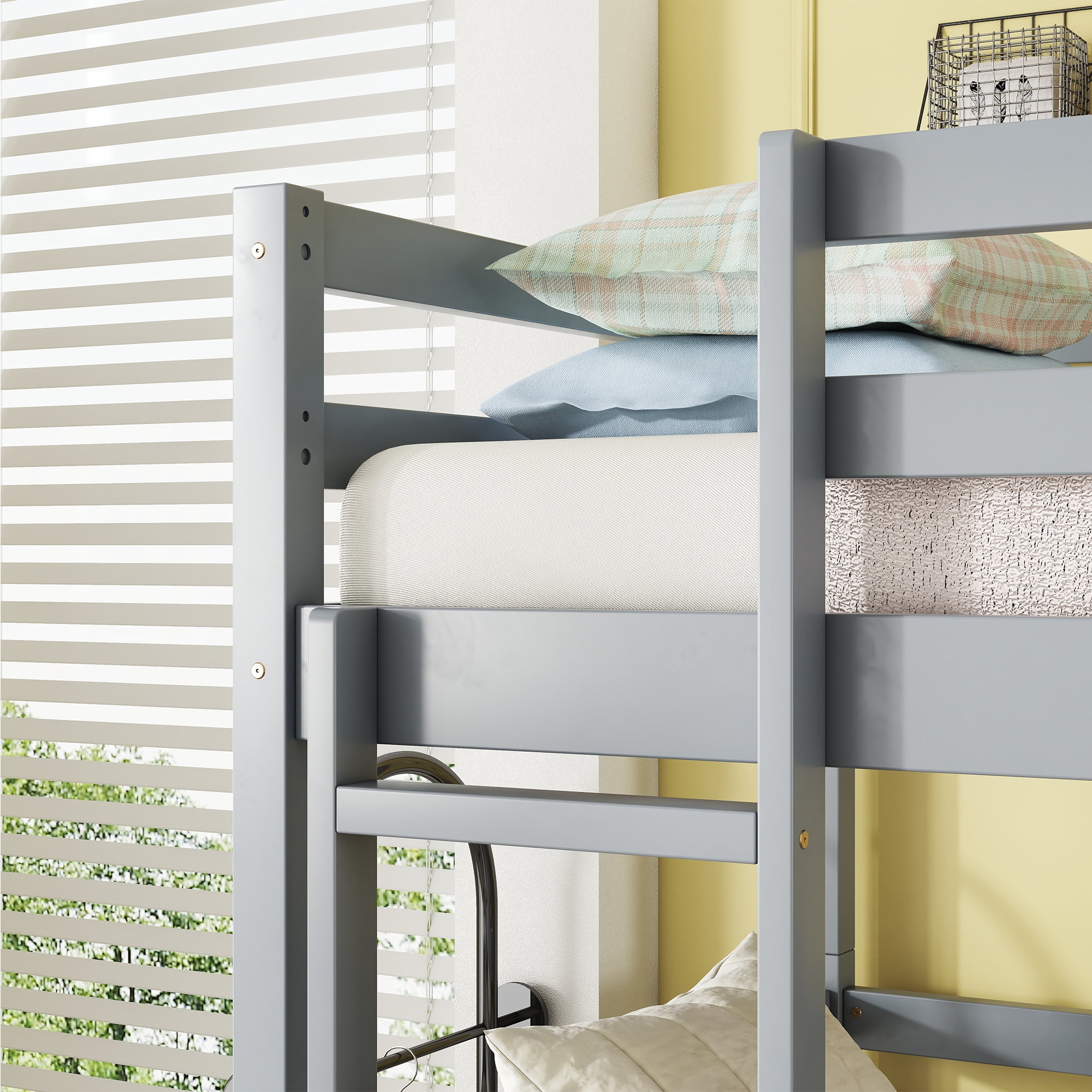 Euroco Wood Twin over Twin over Twin Triple Bunk Bed with Ladder for Kids Teens Bedroom, Gray