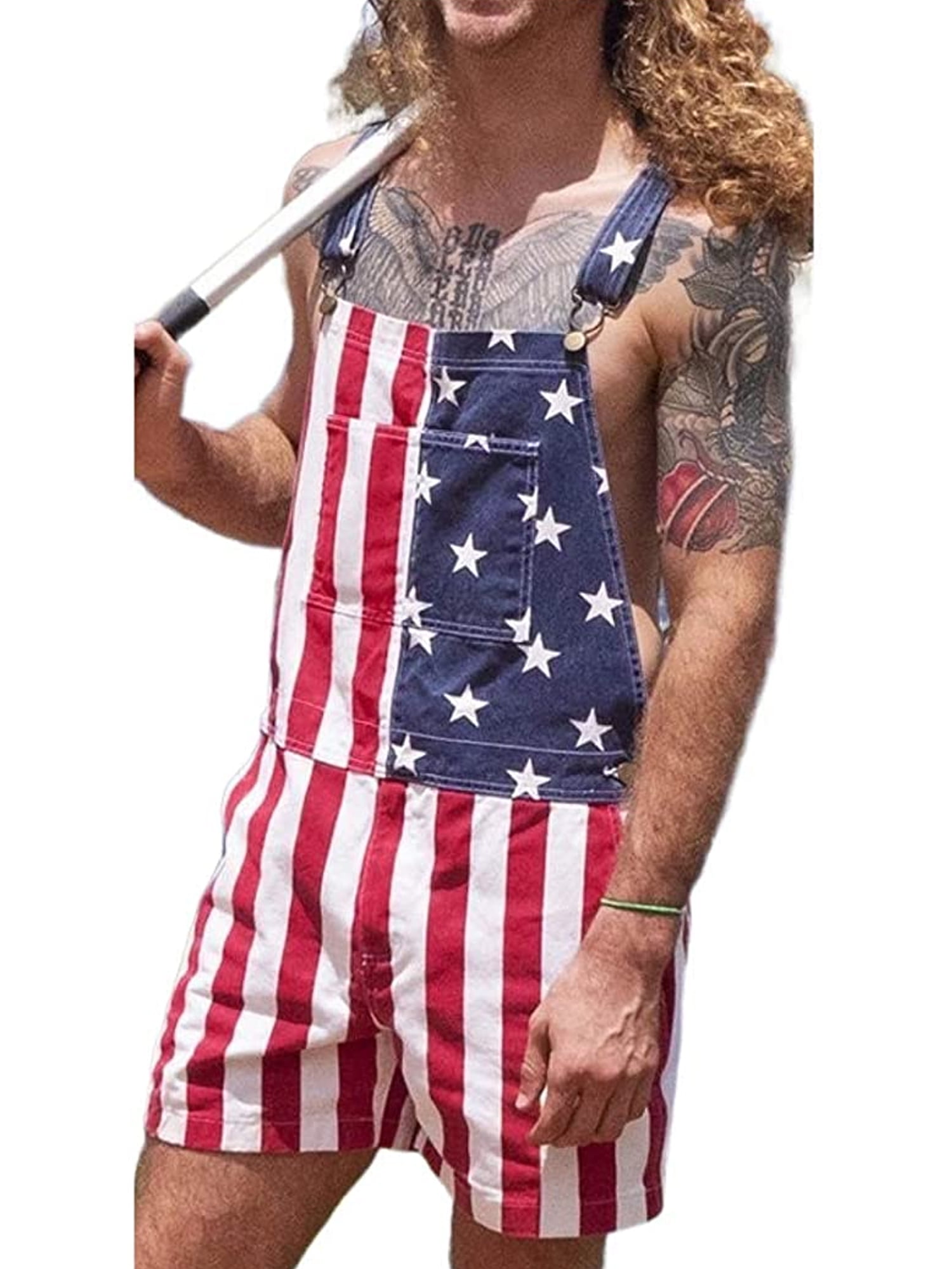 GGGOOD BUY Mens Rompers American Flag Printed One Piece Short Sleeve Summer Jumpsuit Overall Shorts Pocket Independence Day
