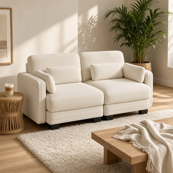 Modular Sectional Loveseat, 69" Channel Tufted Chenille 2-Seater Couch with Adjustable Backrest, Versatile Beige Sofa for Living Room Bedroom Apartment