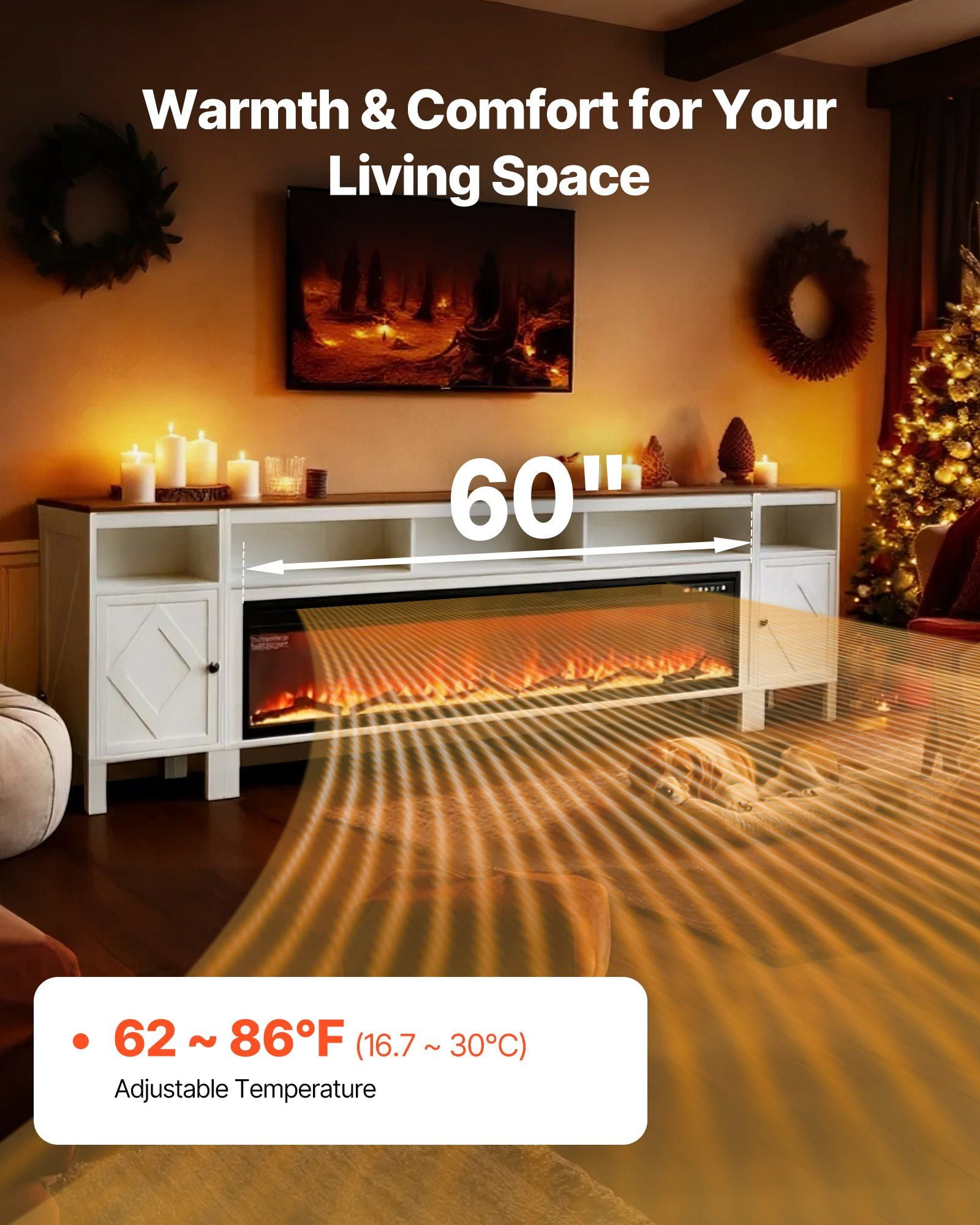 White Farmhouse Entertainment Center with 60" Fireplace & Drawers, TV Stand for TVs up to 100 Inches, Remote Controlled Electric Fireplace TV Cabinet