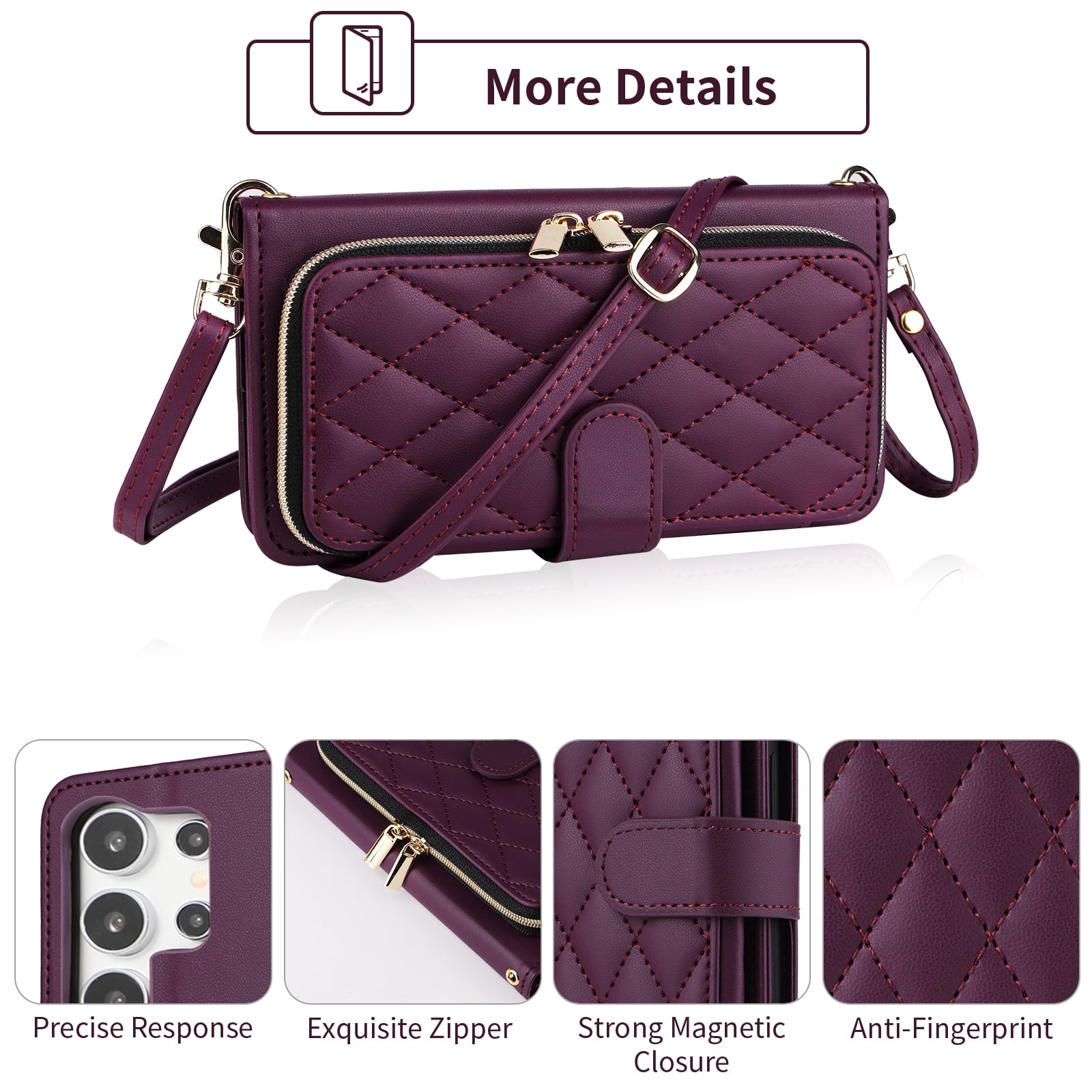 Furiet Wallet Case for Samsung Galaxy S21 Ultra 5G with Wrist Strap Crossbody Shoulder Strap Card Slots Zipper Purse, Leather Stand Cell Phone Cover for S21ultra 21S S 21 21ultra G5 Women Deep Purple