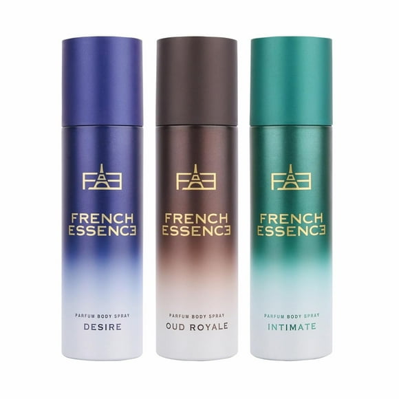 French Essence Parfum Body Spray Combo For Men Pack Of 3 X 120ml - 4.05 Fl.oz. Each | Desire+ Oud Royale+ Intimate Fragrances | Long Lasting No Gas Deo For Boys | Perfect For Daily Use
