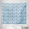 thumbnail image 1 of Cartoon Tapestry, Penguins with Umbrellas and Ice Skates in Zigzags Stripes Dots Arctic, Fabric Wall Hanging Decor for Bedroom Living Room Dorm, 5 Sizes, Sky Blue Black and White, by Ambesonne, 1 of 1