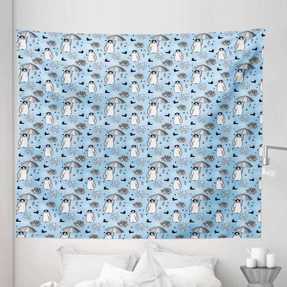 Cartoon Tapestry, Penguins with Umbrellas and Ice Skates in Zigzags Stripes Dots Arctic, Fabric Wall Hanging Decor for Bedroom Living Room Dorm, 5 Sizes, Sky Blue Black and White, by Ambesonne