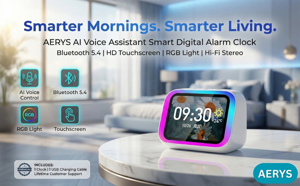 Smart Alarm Clock,Digital Alarm Clock for Bedroom with Wireless Bluetooth 5.4 Speaker,Dynamic RGB Light,Stereo Sound,Large Screen Display,Time&Weather Display,Hand-Free Calls,Great for Seniors,Kids